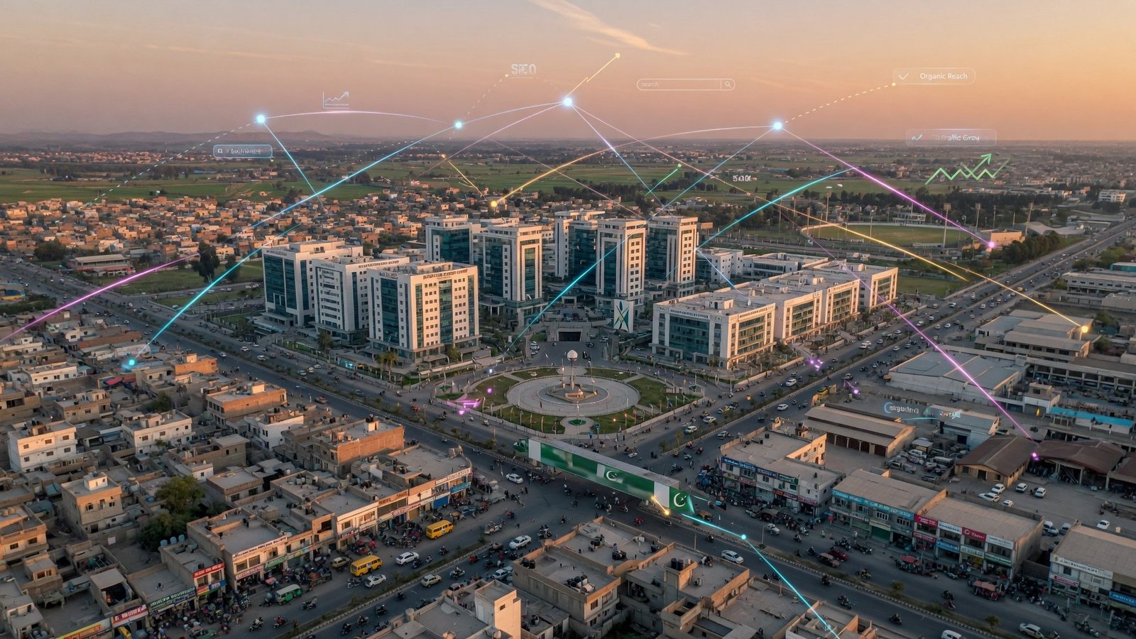 Aerial view of Silakot business district with digital overlay