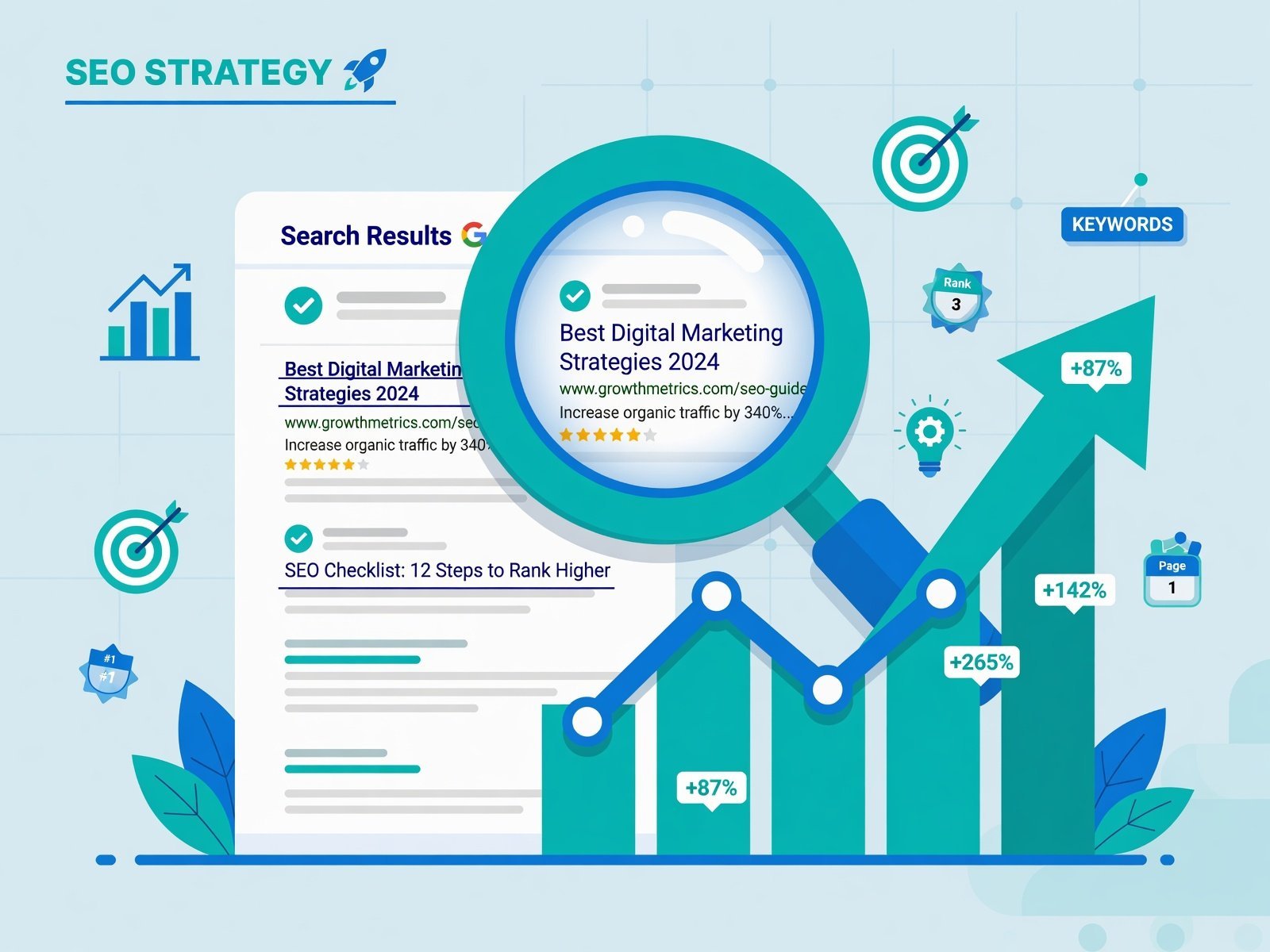SEO strategy visualization with search results and growth arrows